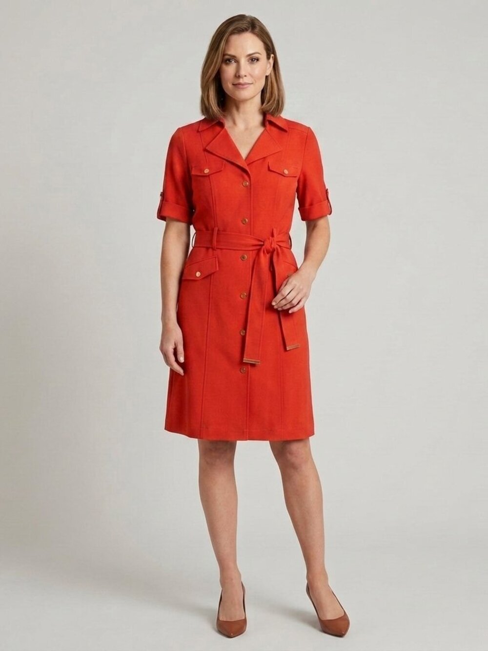 Sharagano Red Button Up Dress with Gold Buttons